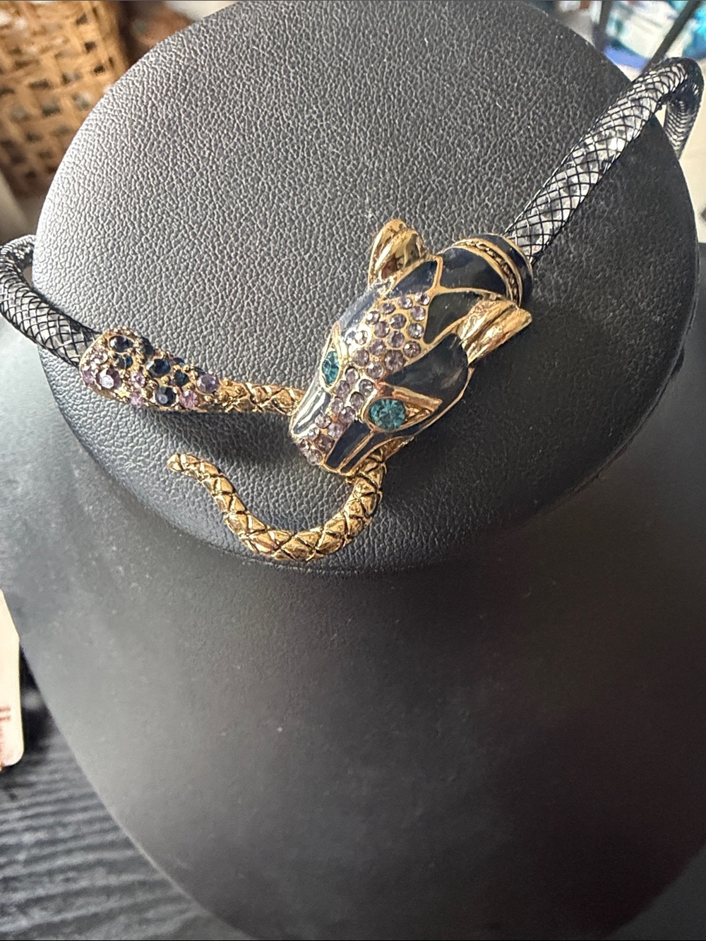 Source Unknown Gold-Tone Panther Necklace with Black Enamel and Green Eyes